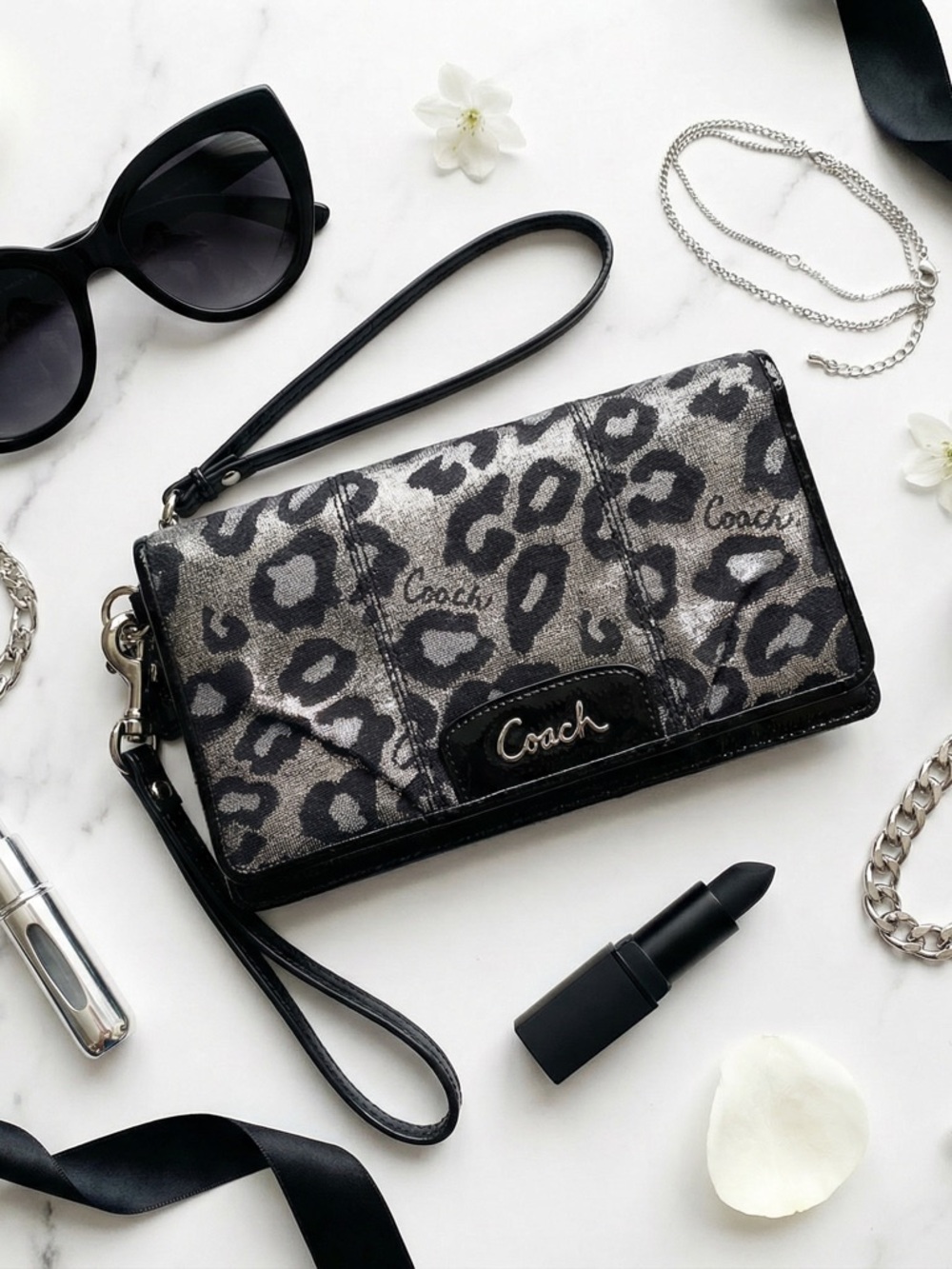 Coach Leopard Print Wristlet Wallet | Signature Canvas & Patent Leather Trim - Picture 3 of 15